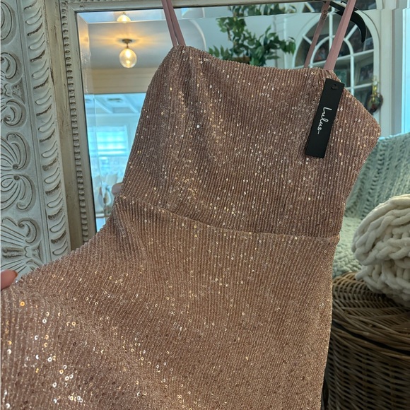Lulu's Rose Gold Sequin Spaghetti Strap Dress - Picture 3 of 6